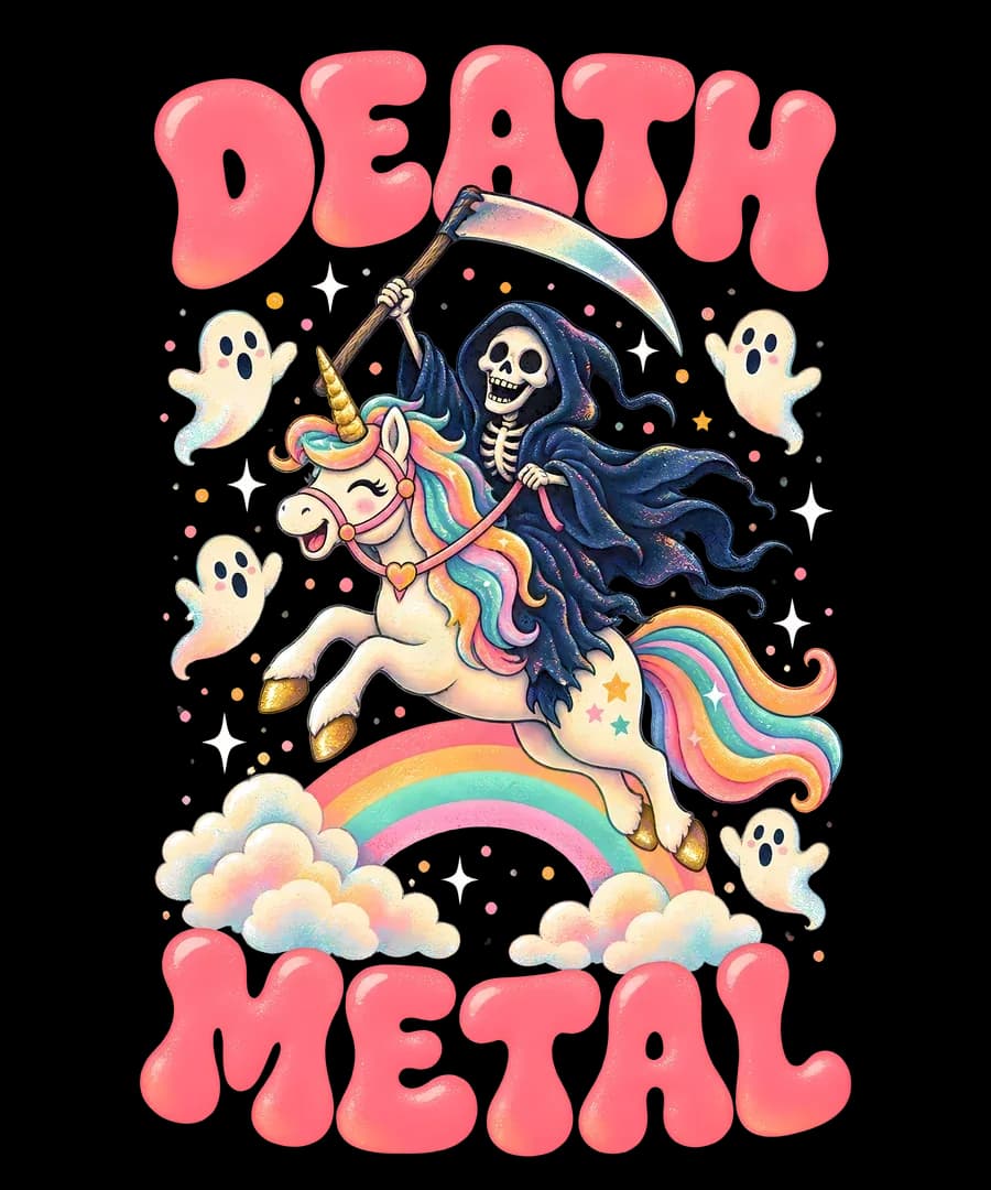 Sensenmann auf einem Regenbogen-Einhorn mit Death-Metal-Schriftzug für dunkle Textilien