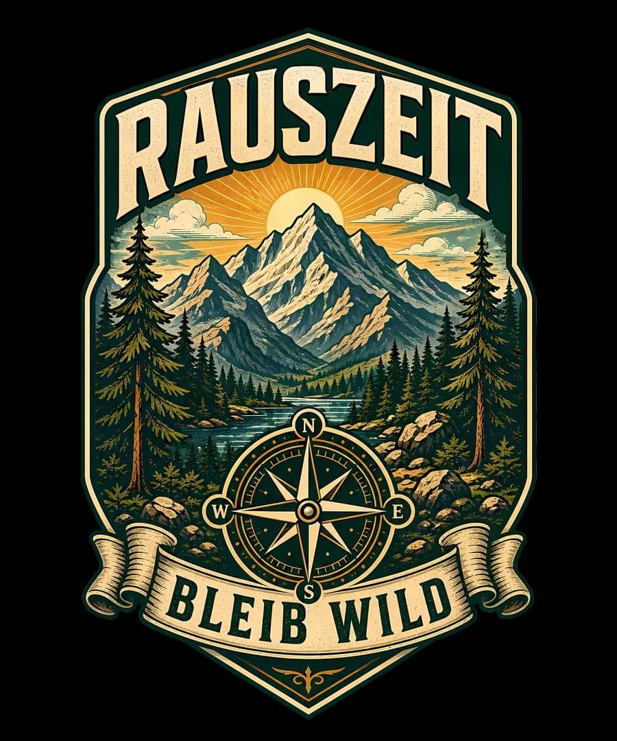 Vintage-Outdoor-Badge mit Bergpanorama, Kompass und dem Wortlaut „RAUSZEIT – BLEIB WILD“ für ein dunkles Textil