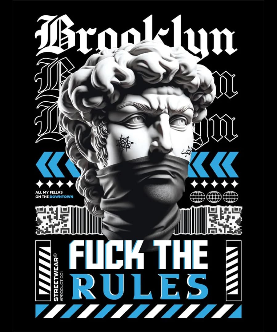 Streetwear-Motiv „Brooklyn – Fuck the Rules“ mit maskierter Statue und Brooklyn Bridge — Referenz