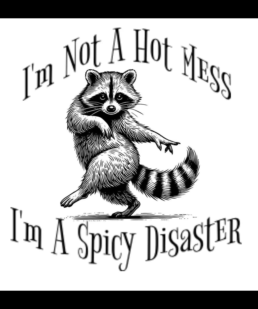 Tanzender Waschbär mit dem Wortlaut „I’m Not a Hot Mess, I’m a Spicy Disaster“ — Referenz