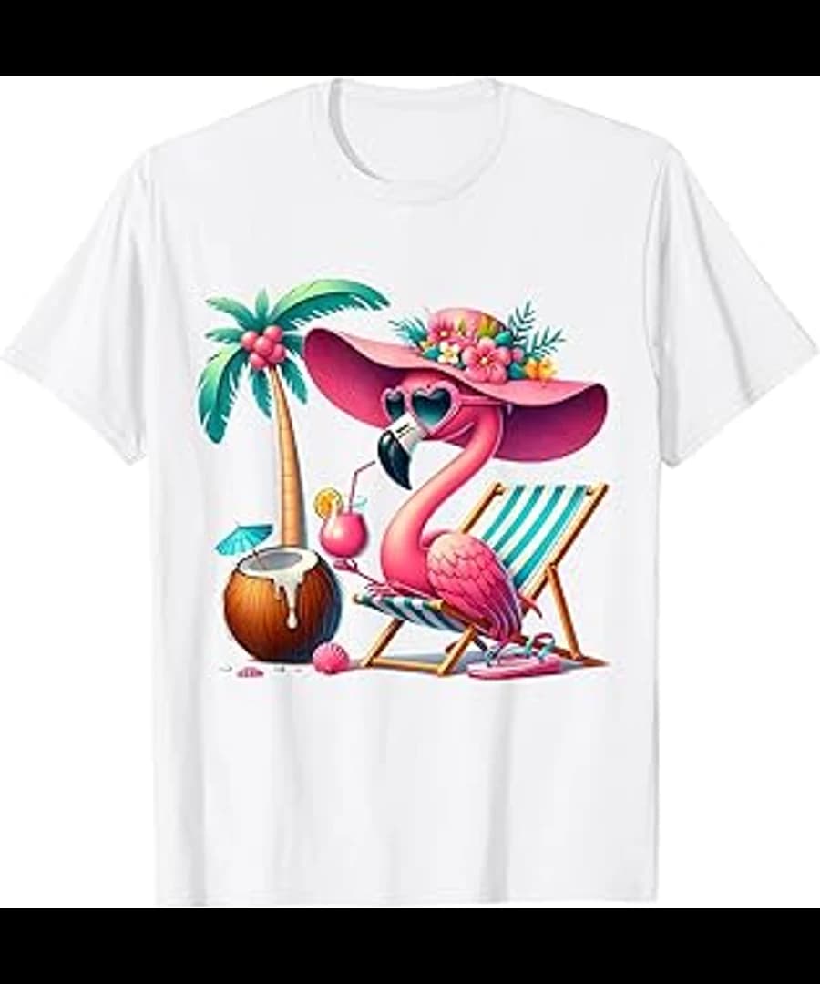 Pinker Flamingo im Liegestuhl mit Sonnenhut, Palme, Hibiskus und Kokosnuss — Referenz