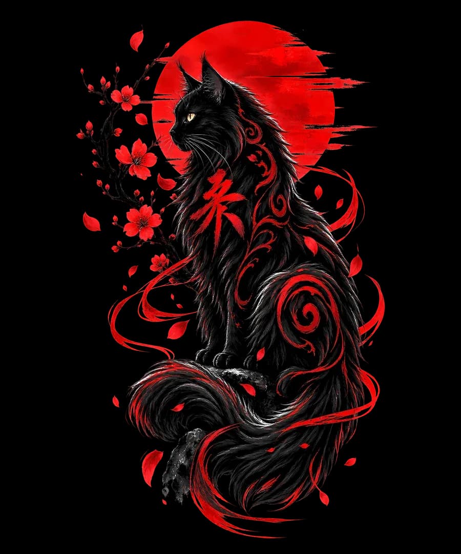 Black cat before a red sun with Japanese ink accents for dark garments