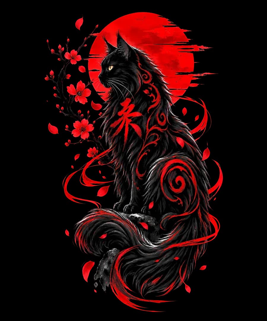 Black cat before a red sun with Japanese ink accents for light garments
